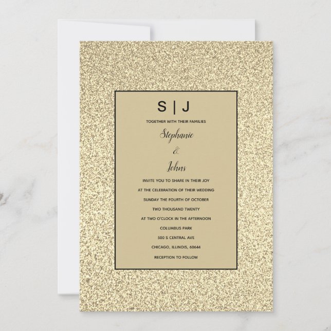 Invitation Glittery Sepia Gold Noir doré Mariage élégant (Devant)