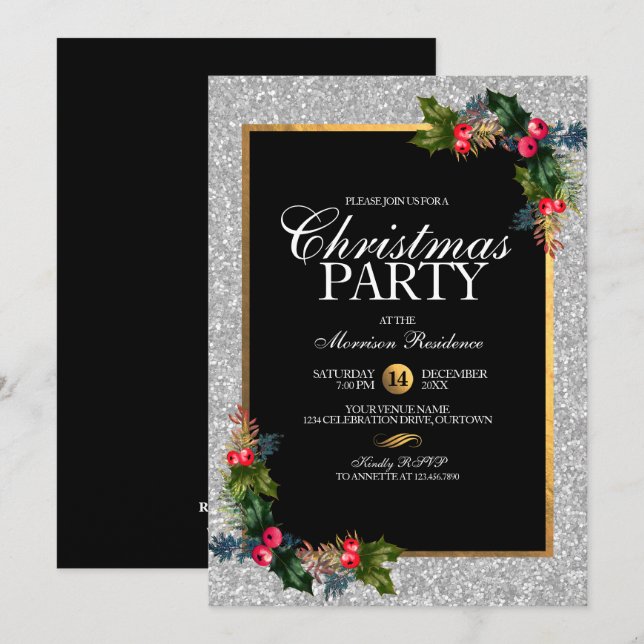 Invitation Glittery Silver et Gold Soirée de Noël élégante (Devant / Derrière)