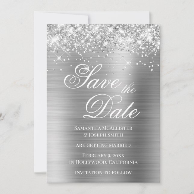 Invitation Glittery Silver Foil Enregistrer la date (Devant)