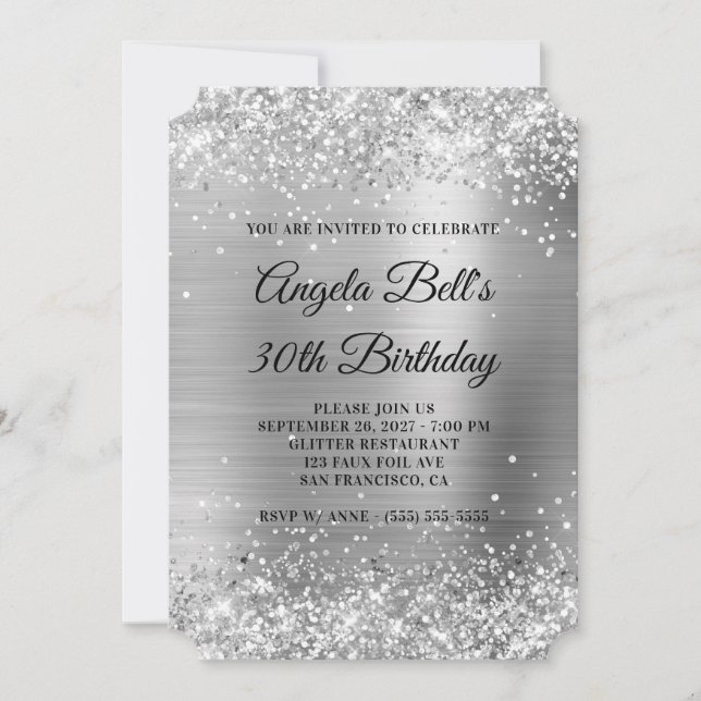 Invitation Glittery Silver Foil Fancy Monogramme 30e annivers (Devant)