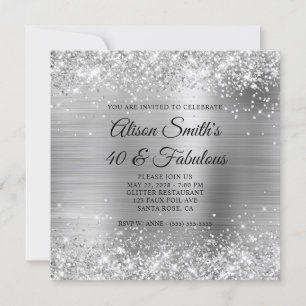 Invitation Glittery Silver Foil Monogramme 40 & Fabulous