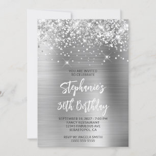 Invitation Glittery Silver Glam 30th Birthday Brush Script