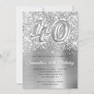 Invitation Glittery Silver Glam Numéro 40e anniversaire