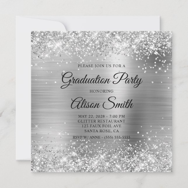 Invitation Glittery Silver Monogram Graduation Party (Devant)
