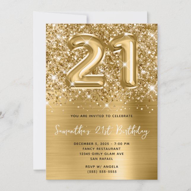 Invitation Glittery Sparkly Gold Balloon Glam 21e anniversair (Devant)