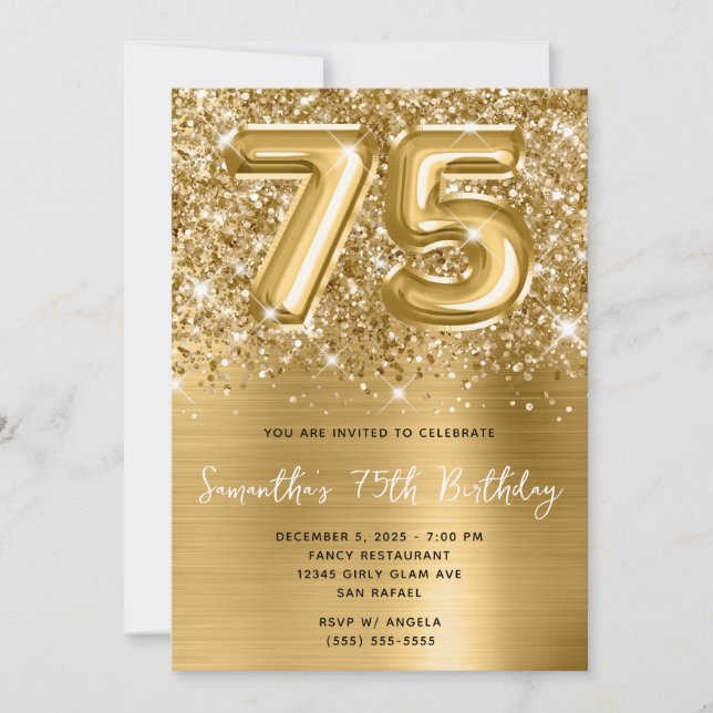 Invitation Glittery Sparkly Gold Balloon Glam 75e anniversair (Devant)