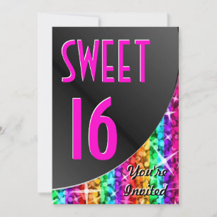 Invitation Glitz Arc-en-ciel Bande noire courbe "Sweet 16"
