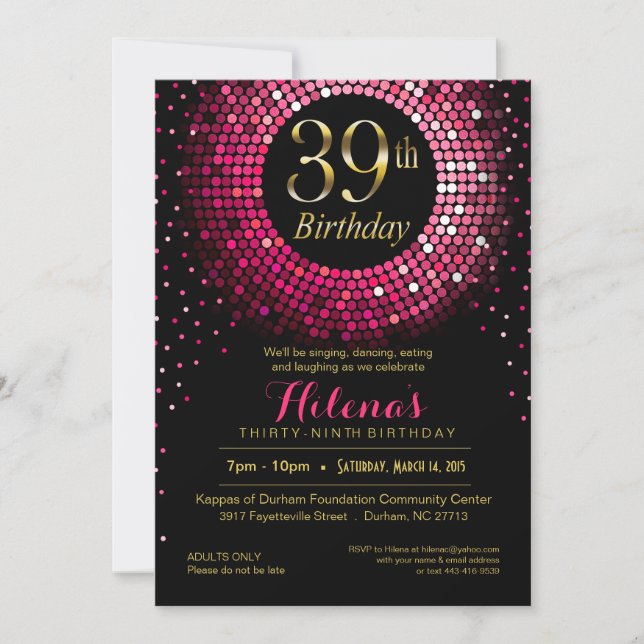 Invitation Glitz Bling Confetti 39e anniversaire| or fuchsia (Devant)