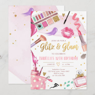 Invitation Glitz Glam Glamor Fête Spa Maquillage fille Annive