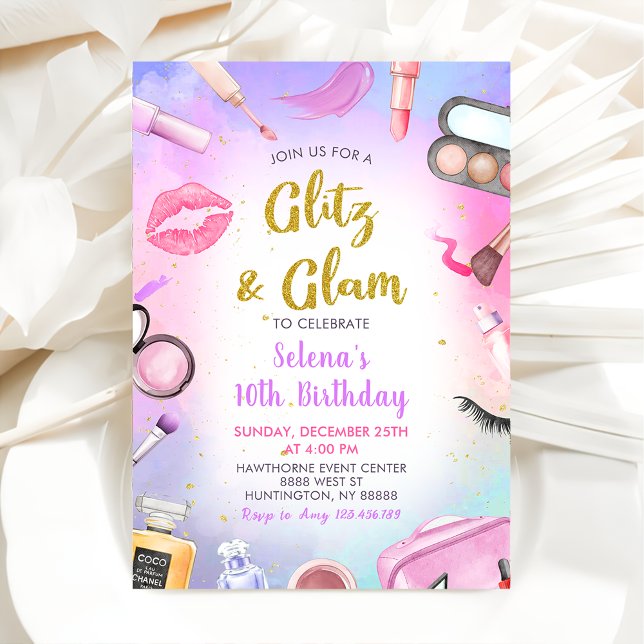 Invitation Glitz Glam Glamor Fête Spa Maquillage fille Annive (Créateur téléchargé)