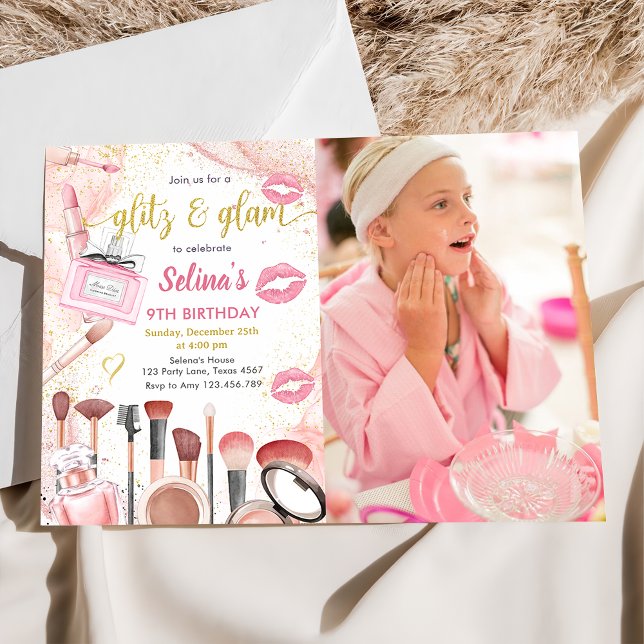Invitation Glitz Glam Glamor Spa Party Pink Maquillage Annive (Créateur téléchargé)