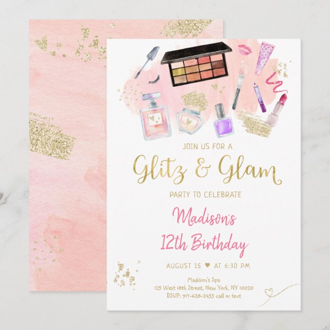 Invitation Glitz & Glam Spa or rose Anniversaire (Devant / Derrière)