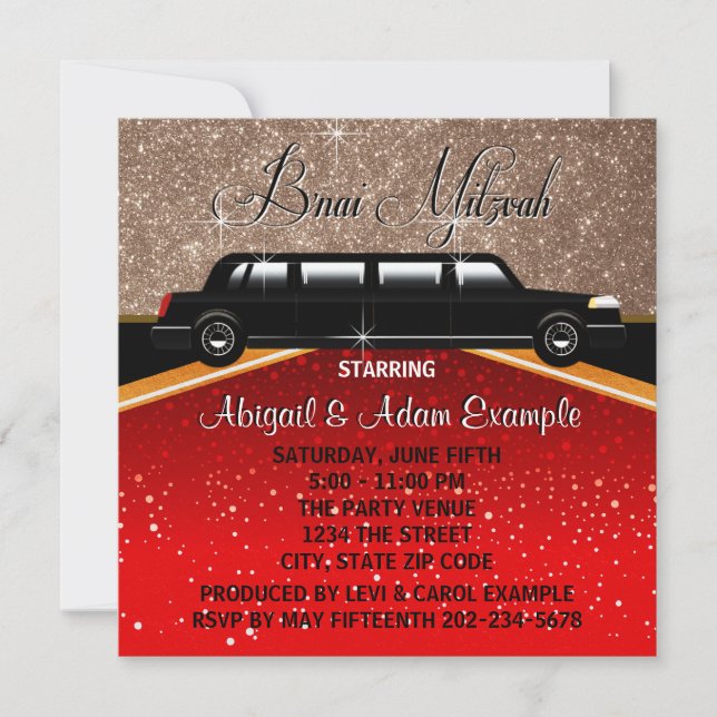 Invitation Glitz Glamor Red Carpet Moteur Star B'nai Mitzvah (Devant)