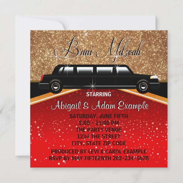 Invitation Glitz Glamor Red Carpet Moteur Star B'nai Mitzvah (Devant)