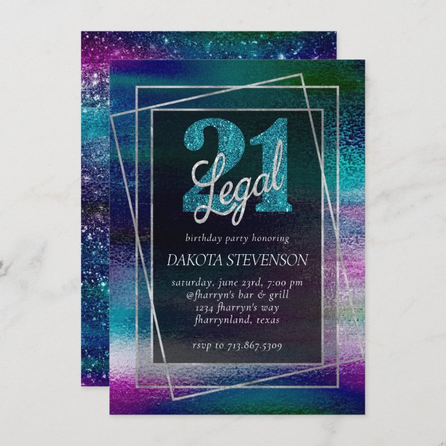Invitation Glitzy Foil | Holographic Dark Ombre 21 et Legal (Devant / Derrière)