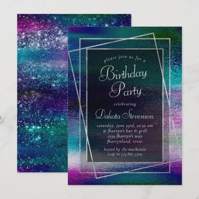 Invitation Glitzy Foil | Holographique Metallic Anniversaire (Devant / Derrière)