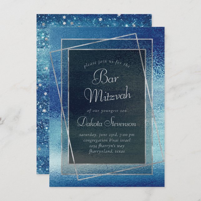 Invitation Glitzy Foil | Ice Blue Faux Iridescente Bat mitzva (Devant / Derrière)