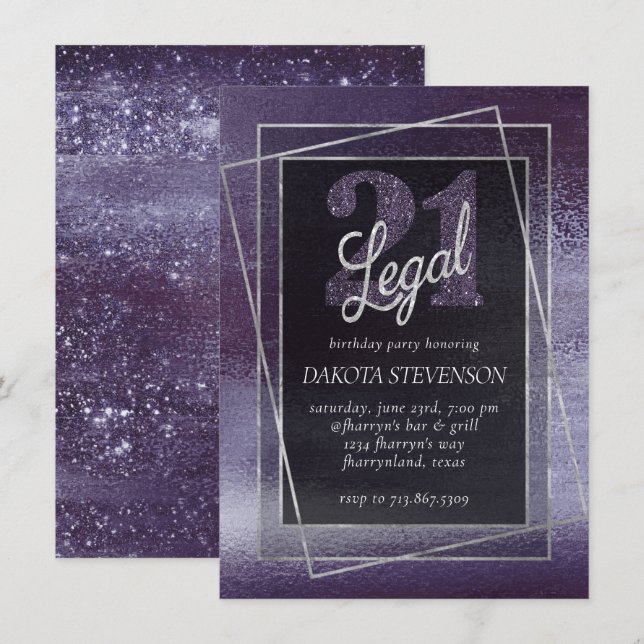 Invitation Glitzy Foil | Indigo Midnight Purple 21 et juridiq (Devant / Derrière)