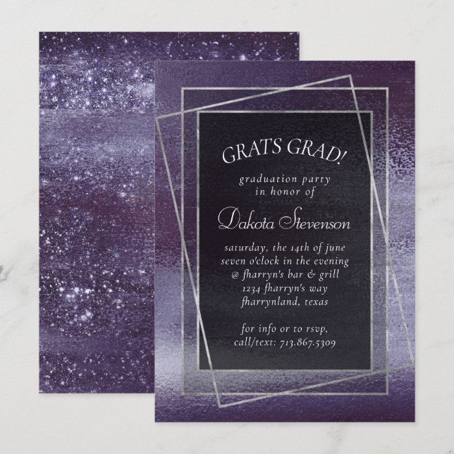 Invitation Glitzy Foil | Indigo Midnight Purple Graduation (Devant / Derrière)
