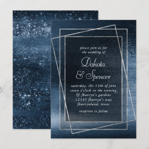 Invitation Glitzy Foil   Marine Blue Faux Glam Mariage métall