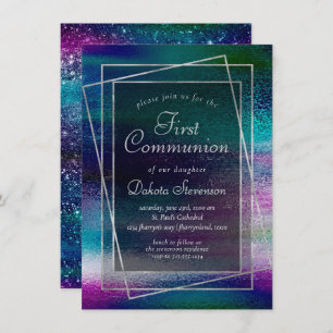 Invitation Glitzy Foil   Première communion Holographique Omb