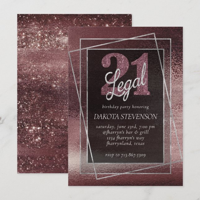 Invitation Glitzy Foil | Rose Gold Blush Glam 21 et juridique (Devant / Derrière)
