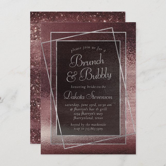 Invitation Glitzy Foil | Rose Gold Blush Glam Bubbly Brunch (Devant / Derrière)