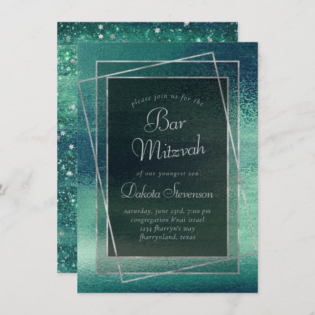 Invitation Glitzy Foil | Seafoam Iridescah Green Bar Mitzvah (Devant / Derrière)