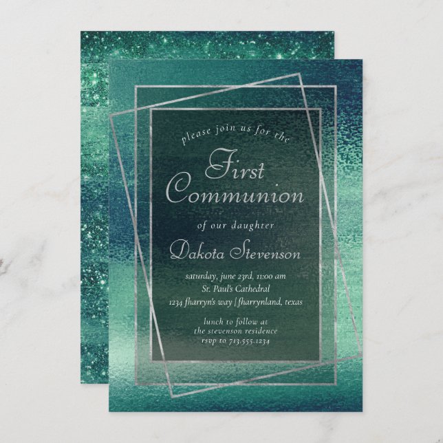 Invitation Glitzy Foil | Seafoam Iridescente Green Communion (Devant / Derrière)