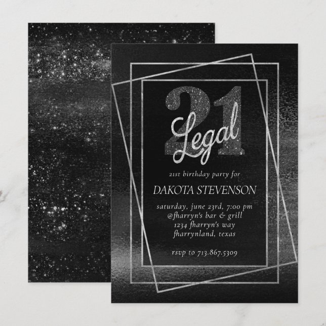 Invitation Glitzy Foil | Silver Platinum Shimmer 21 et juridi (Devant / Derrière)