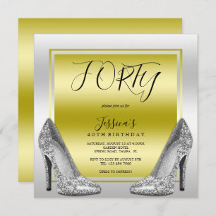 Invitation Glitzy Gold & Silver Stilettos 40e anniversaire