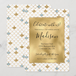 Invitation Glitzy Mermaid Blue Gold Sparkle