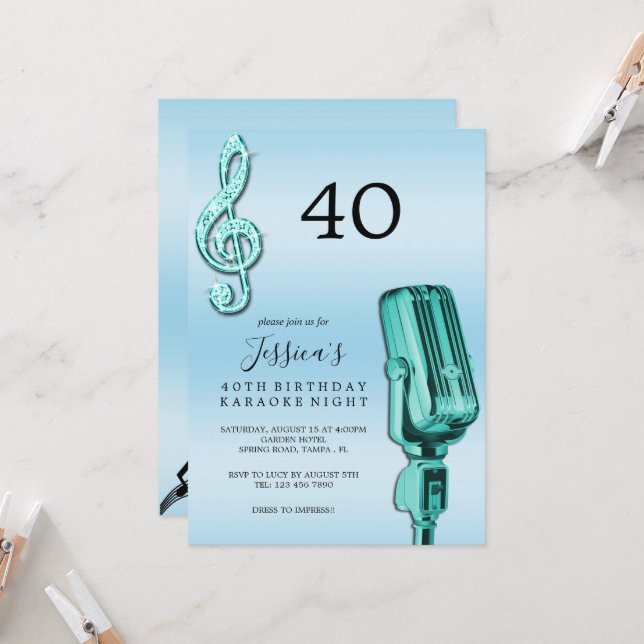 Invitation Glitzy Music Note & Microphone Karaoke Anniversday (Devant/Arrière en situation)