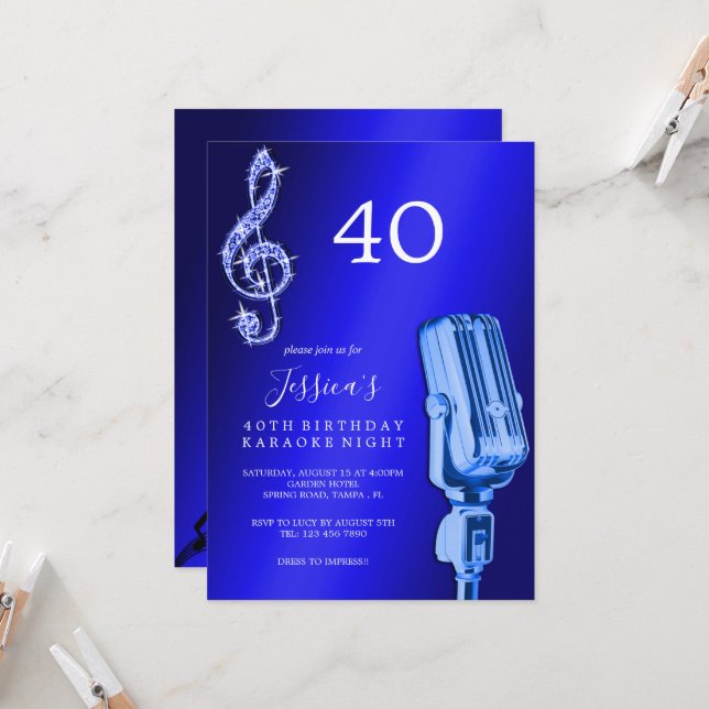Invitation Glitzy Music Note & Microphone Karaoke Anniversday (Devant/Arrière en situation)