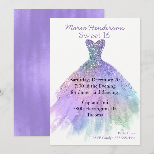 Invitation Glitzy Party Dress Sweet 16 Anniversaire Invitatio (Devant / Derrière)