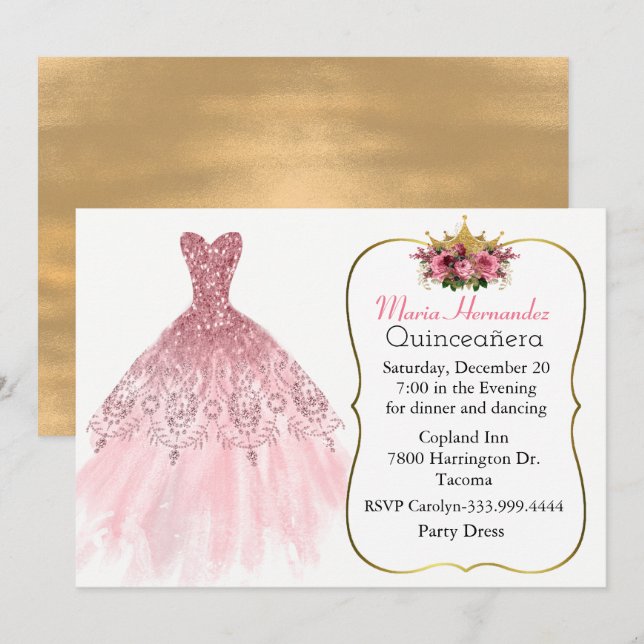 Invitation Glitzy Pink Gown Quinceañera (Devant / Derrière)