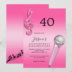 Invitation Glitzy Pink Music Notes & Micro Karaoke Anniversda