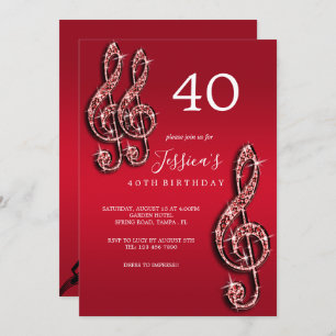 Invitation Glitzy Red Music Notes Anniversaire