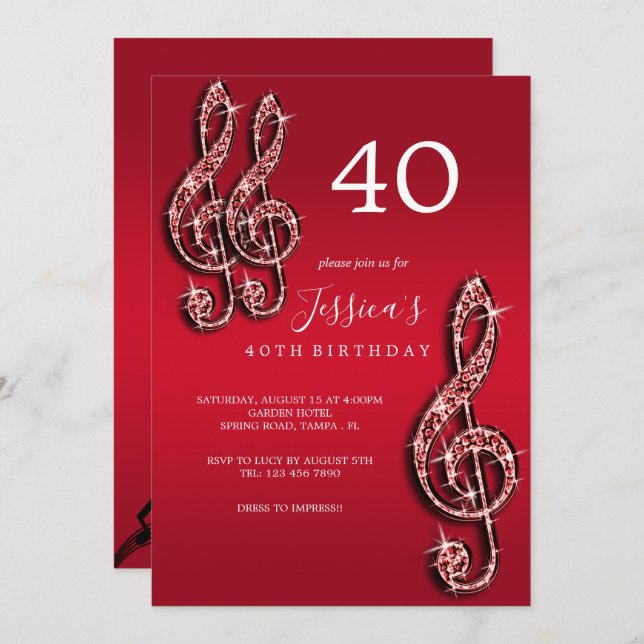 Invitation Glitzy Red Music Notes Anniversaire (Devant / Derrière)