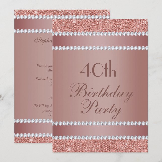 Invitation Glitzy Rose Gold & Diamond Gem fête d'anniversaire (Devant / Derrière)