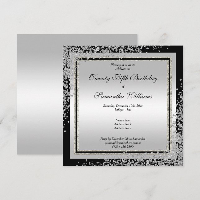 Invitation Glitzy Silver Confetti Corners 25e anniversaire (Devant / Derrière)