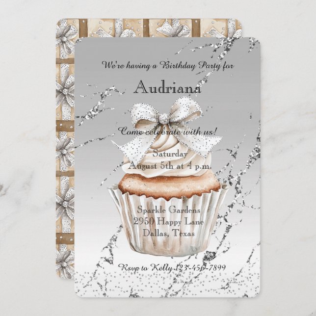 Invitation Glitzy Silver White Cupcake Bow Birthday (Devant / Derrière)