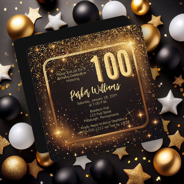Invitation Glitzy Sparkles | Stars Gold 100th Birthday Party (Glitzy Sparkles Black and Gold Tone Modern Elegant 100th Birthday Party Square Invitation )