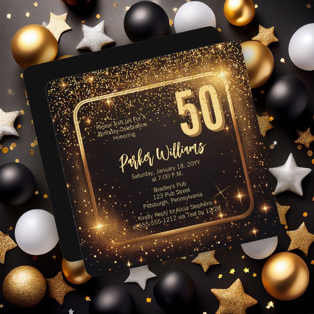Invitation Glitzy Sparkles | Stars Gold 50th Birthday Party (Glitzy Sparkles Black and Gold Tone Modern Elegant 50th Birthday Party Square Invitation )