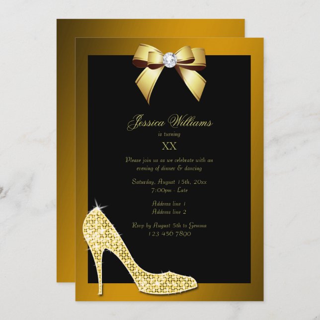 Invitation Glitzy Sparkly Stiletto, Gold Bow Anniversaire (Devant / Derrière)