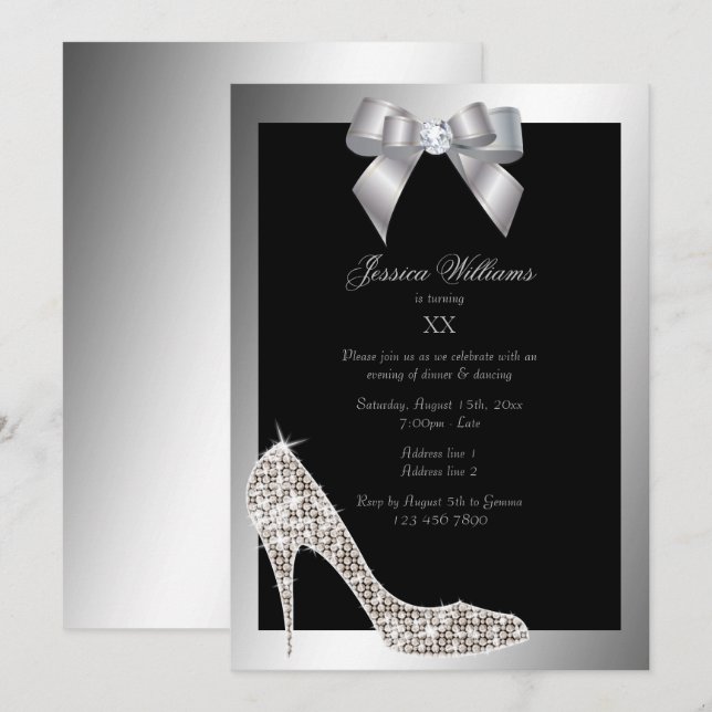 Invitation Glitzy Sparkly Stiletto, Soirée d'anniversaire de  (Devant / Derrière)