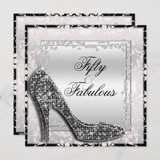 Invitation Glitzy Stilettos, Diamants & Damask Fabuleux 50 (Devant / Derrière)