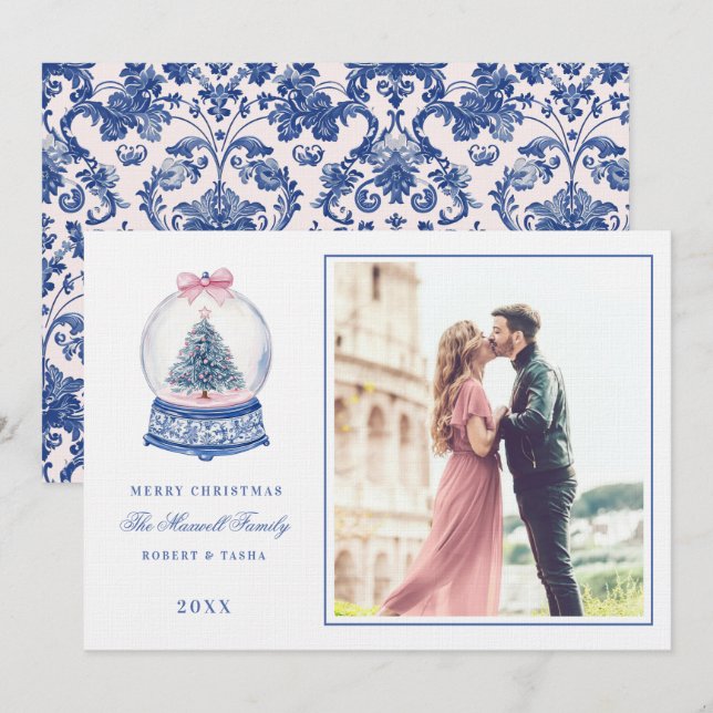 Invitation Globe des neiges rose et bleu avec photo (Devant / Derrière)