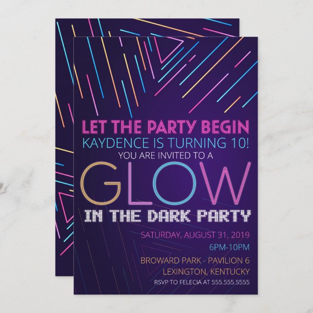 Invitation GLOW in the Dark Birthday Party (Devant / Derrière)