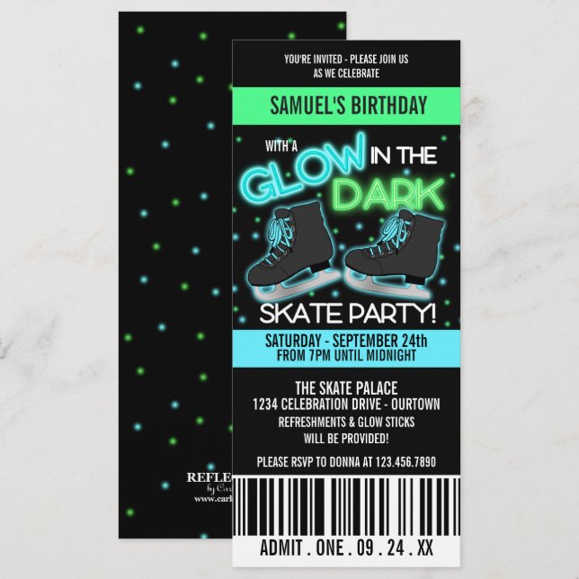 Invitation Glow in the Dark Ice Skating Party (Devant / Derrière)